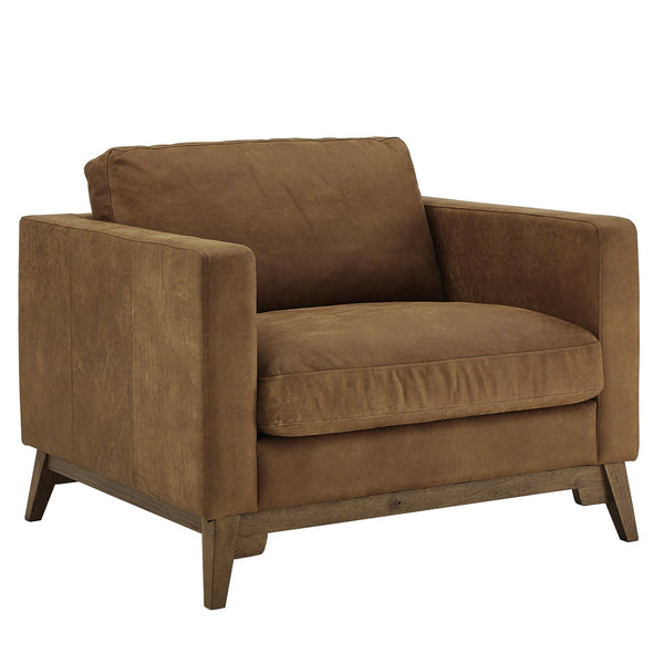 Nicolet Tan Leather Look Accent Chair with Tapered Oak Legs for Living Room