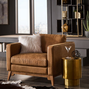Nicolet Tan Leather Look Accent Chair with Tapered Oak Legs for Living Room