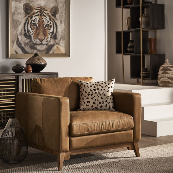 Nicolet Tan Leather Look Accent Chair with Tapered Oak Legs for Living Room