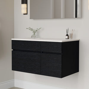 English Elm 31.5" Floating Bathroom Vanity Base Black Wood Grain Soft Close Modern Farmhouse W3136P500133