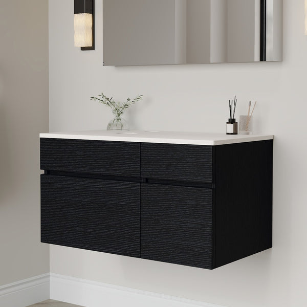 English Elm 31.5" Floating Bathroom Vanity Base Black Wood Grain Soft Close Modern Farmhouse W3136P500133