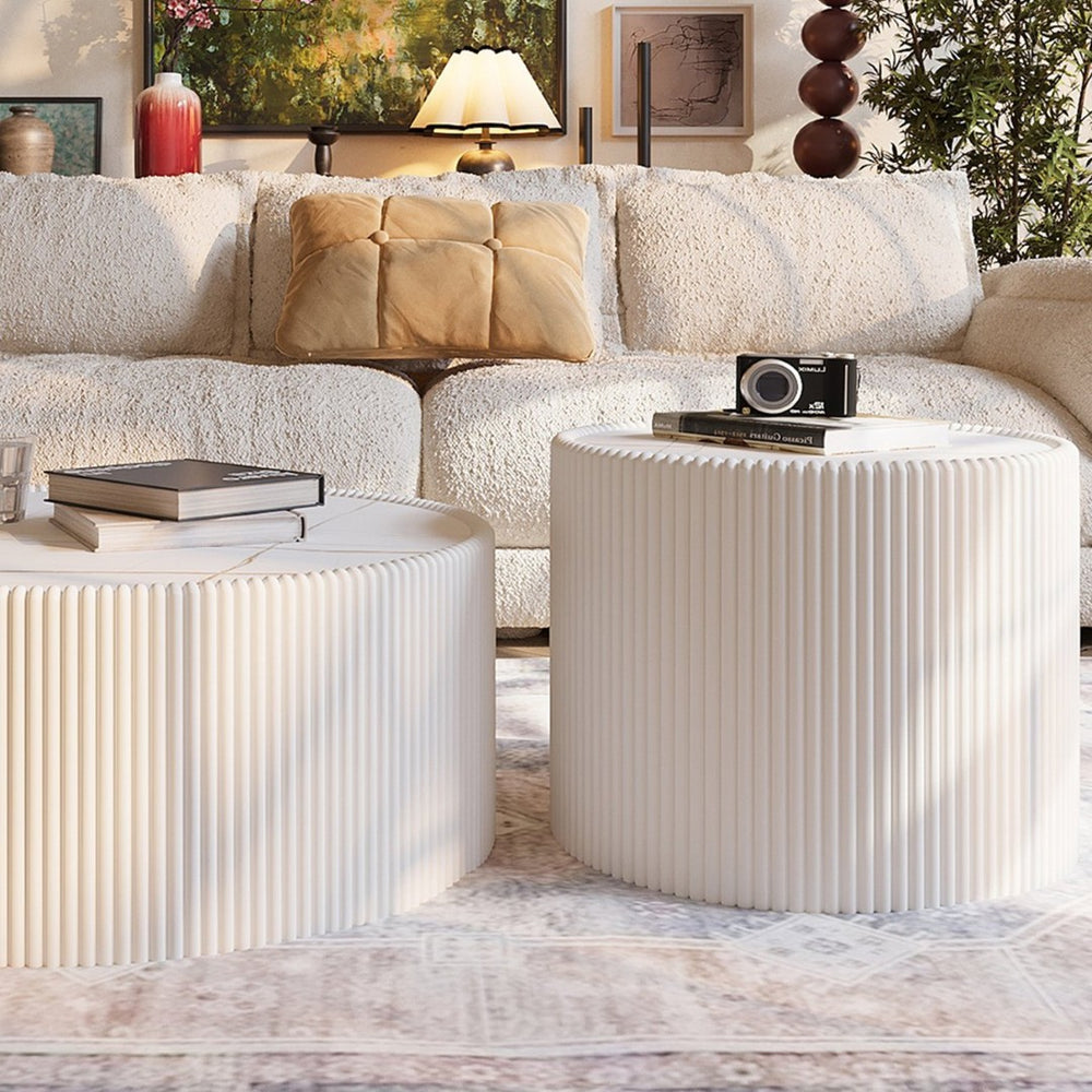English Elm Light Sintered Stone Top Cylinder Coffee Table with Leather Wrap and Gold Veining W3081P367604
