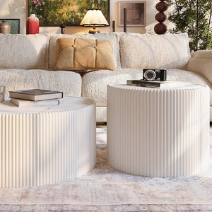 English Elm Light Sintered Stone Top Cylinder Coffee Table with Leather Wrap and Gold Veining W3081P367604