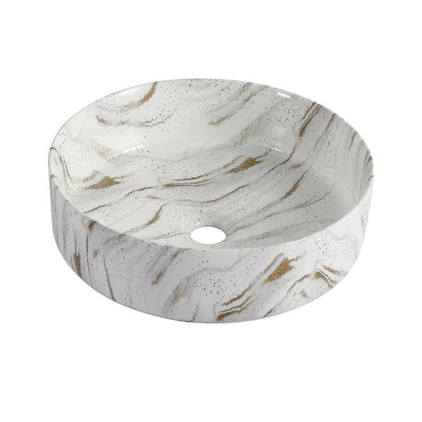 English Elm Ceramic Art Vessel Sink Above Counter – Elegant Gold Line Pattern, Durable Glaze, Easy-Clean Finish White+Gold W999P346769
