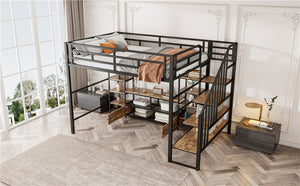 English Elm Full Metal Loft Bed Full Size with Staircase, Built-In Desk & Shelves, Black, Sturdy Space-Saving Setup GX001132AAB