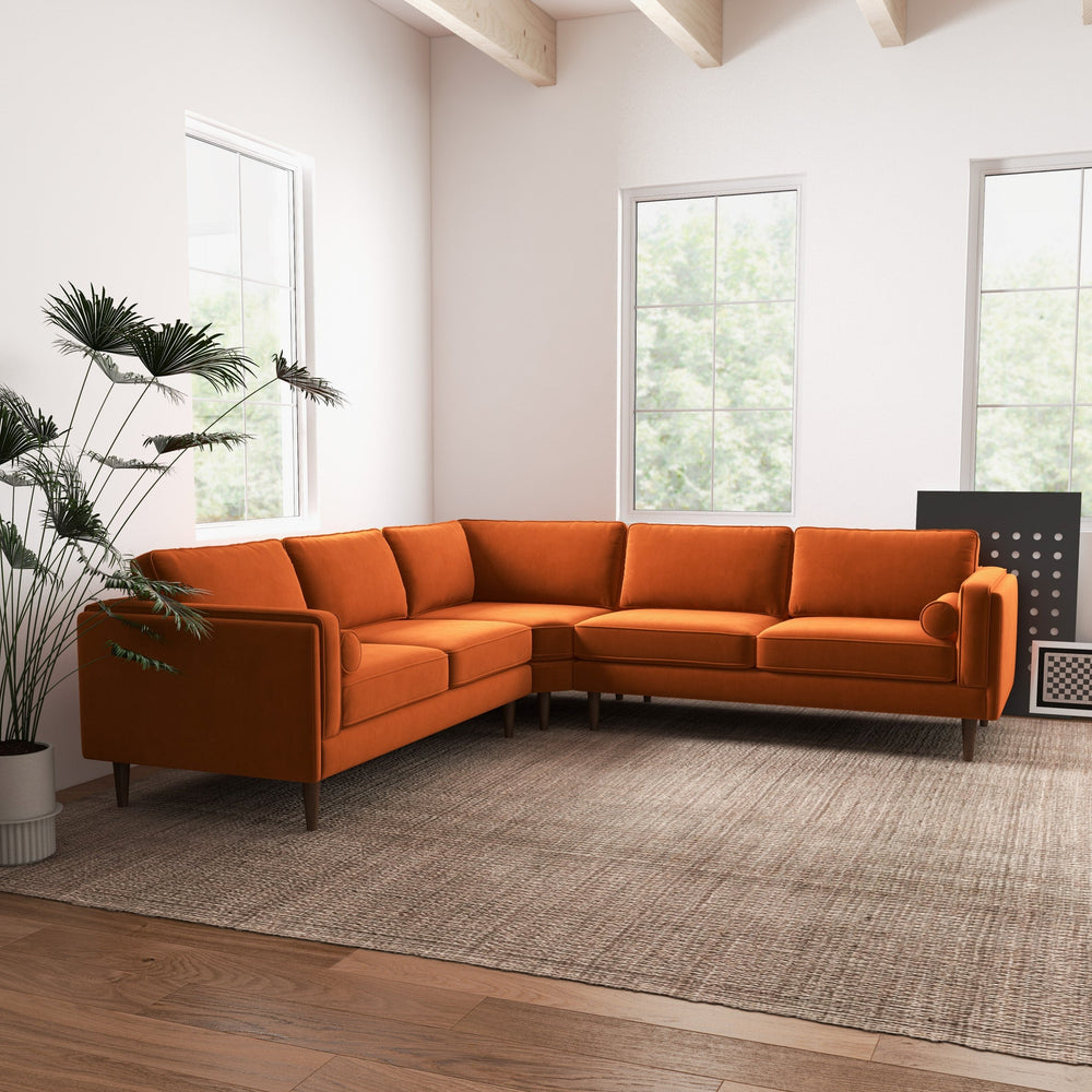 English Elm Ashcroft Furniture - Amber Mid-Century Burnt Orange Velvet Corner Sectional Sofa with Tapered Walnut Legs, Removable Cushions B183S00074
