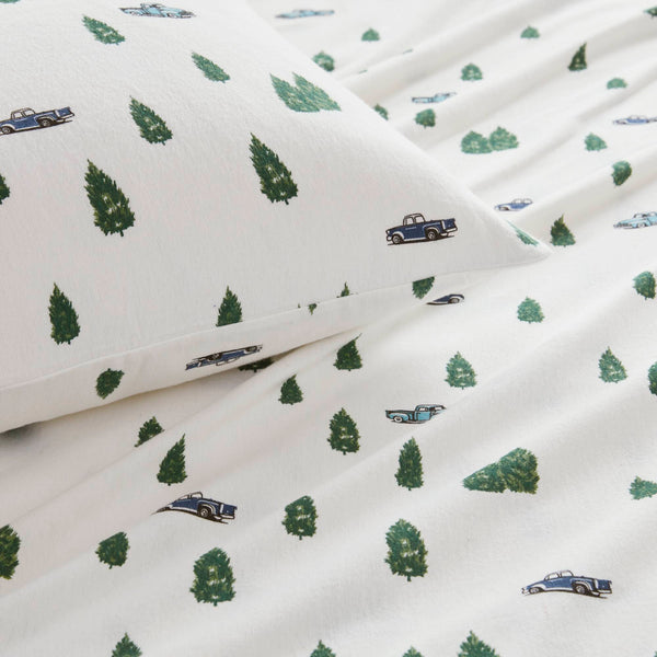 English Elm 4 Pcs Queen Sheet Set - Cozy Cotton Flannel With Charming Green Trees & Trucks Print For Comfort B035P319768