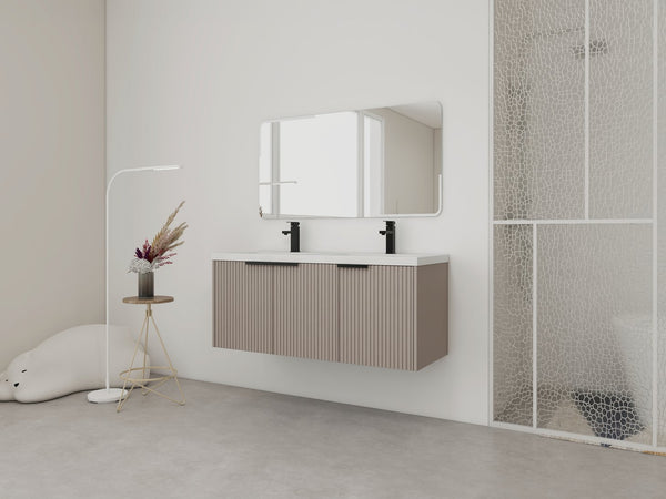 English Elm 48" Modern Wall-Mounted Bathroom Vanity With Double Sink, Soft-Close Doors & Stylish Wavy Panels W999S00353