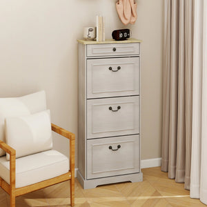 English Elm Shoe Storage Cabinet - Slim Freestanding Organizer With 1 Drawer, 3 Flip Drawers & Adjustable Shelf W1120P290634-GIGA
