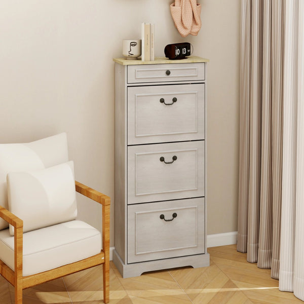 English Elm Shoe Storage Cabinet - Slim Freestanding Organizer With 1 Drawer, 3 Flip Drawers & Adjustable Shelf W1120P290634-GIGA