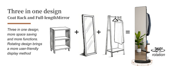 English Elm 360° Swivel Full Length Mirror with Coat Hooks Solid Rubberwood Frame Bedroom Entryway W2987P225480