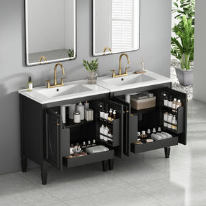 English Elm [video] 60 Inch Freestanding Double Sink Bathroom Vanity with Ceramic Basins Soft Close Storage Black N759S226000B