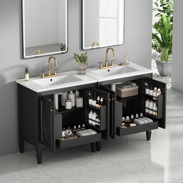 English Elm [video] 60 Inch Freestanding Double Sink Bathroom Vanity with Ceramic Basins Soft Close Storage Black N759S226000B