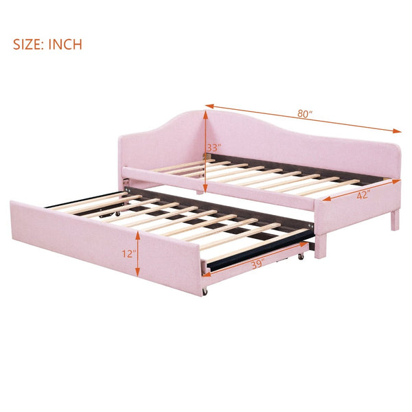 English Elm Twin L-shaped Linen Upholstered Daybed with Hydraulic Pop-up Trundle for Guest Rooms Pink SF000193AAH-1