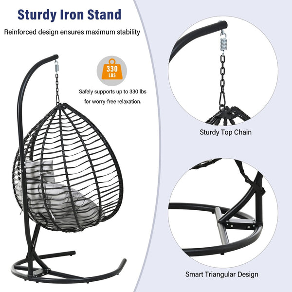 English Elm U_style Wicker Hanging Egg Chair with Stand Foldable Indoor Outdoor Swing Seat Black+ Gray N711P389502E
