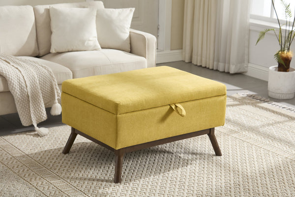 English Elm Mid-century square storage bench with solid wood frame, microfiber upholstery, versatile ottoman seat and tabletop functionality for living room and entryway appeal Yellow W1539P269657