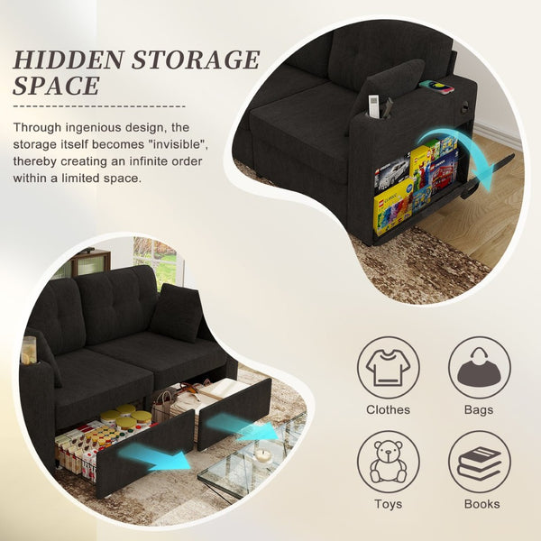 English Elm Sofas for Living Room Chenille Three Seat Couch with Usb Charging Storage and Cup Holder Black W395S00144