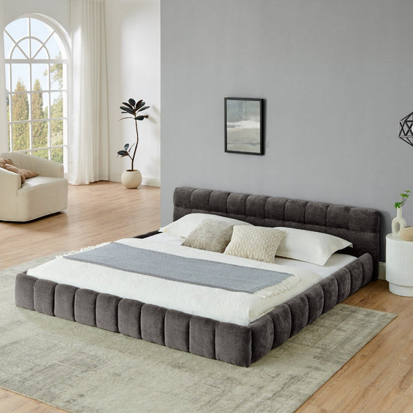 English Elm King Platform Bed Fully Upholstered in Plush Chenille with Low Profile Modern Frame Dark Gray W487S00467