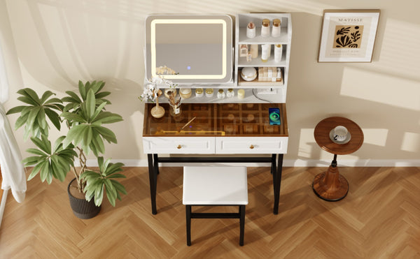 English Elm Makeup Vanity Set with Rotating Led Mirror Amber Glass Top Drawers and Charging Station N704P385441K