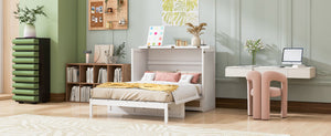 English Elm Full Size Murphy Wall Bed Cabinet with Rattan Panel Detailing and Storage Drawers White N708P336203K