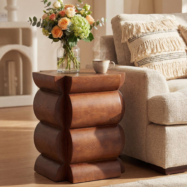 English Elm 15.35 Inch Dark Veneer Curved Tiered End Table for Modern Minimalist Living Rooms N772P412289B