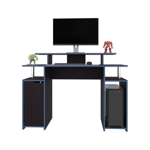 English Elm Gaming Desk Black Wengue with Blue Edge — Compact Engineered Wood, 1 Door & 6 Shelves, Durable Stylish Setup B097P350283