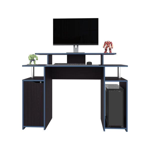 English Elm Gaming Desk Black Wengue with Blue Edge — Compact Engineered Wood, 1 Door & 6 Shelves, Durable Stylish Setup B097P350283