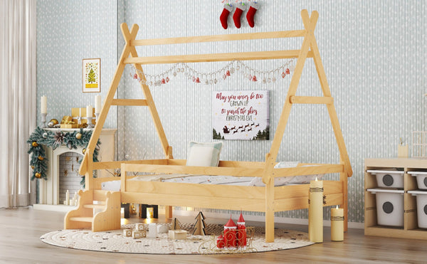 English Elm Twin House Shaped Platform Bed Solid Pine Frame with Built in Stairs for Kids W1580P354719