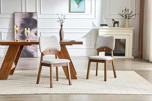 English Elm 2 Solid Walnut Toned Wood Dining Chairs Gray Fabric Seat Hollowed Backrest Modern W1151P455535