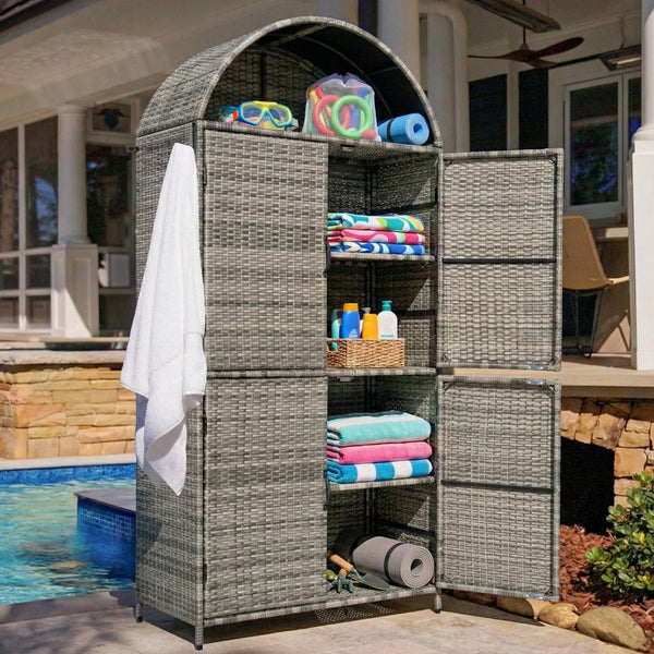English Elm K&k Tall Arched Pe Rattan Outdoor Storage Cabinet with Adjustable Shelves and Steel Frame Grey N707P420158G