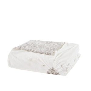 English Elm King/Cal King Malia 4-Piece Embroidered Cotton Reversible Duvet Cover Set – Shabby Chic Ivory Gray Medallion Elegance, Machine Washable B035129165