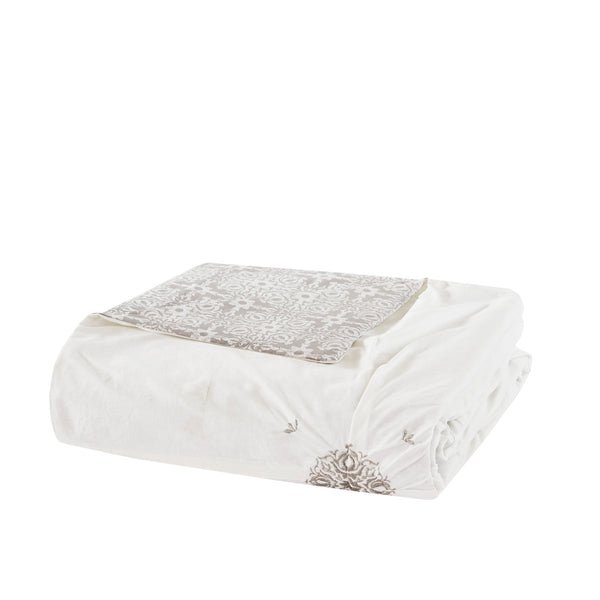 English Elm King/Cal King Malia 4-Piece Embroidered Cotton Reversible Duvet Cover Set – Shabby Chic Ivory Gray Medallion Elegance, Machine Washable B035129165