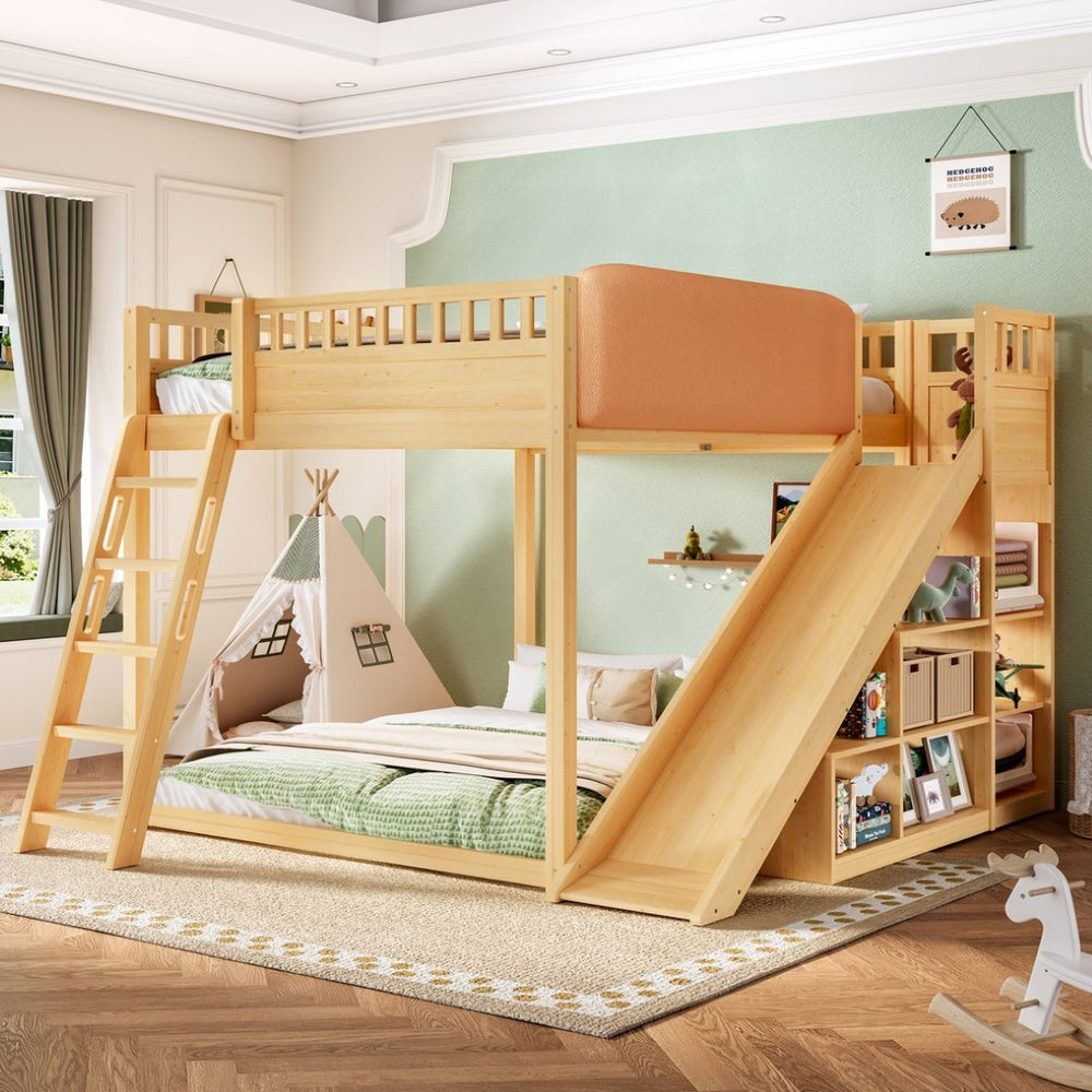 English Elm Queen Loft Bed with Upholstered Headboard Built-in Slide and Open Storage Shelves Natural W1580S00308