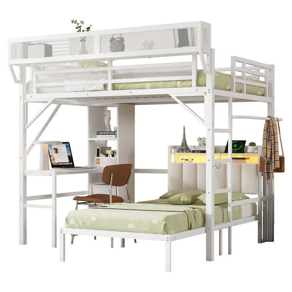 English Elm Ful Full-over-Twin Metal Bunk Bed with Desk, Bookshelves, LED Lighting & USB Charging Station, White W2580S00041