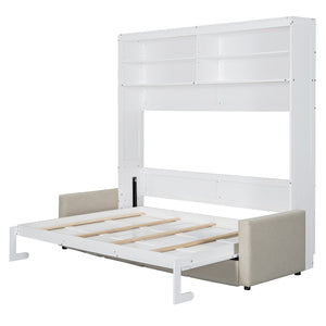 English Elm Queen Murphy Wall Bed with Linen Sofa for Studio and Small Space Living White LP000892AAK