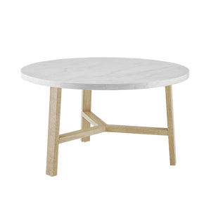 30" Round Coffee Table White Marble and Light Oak, Light Oak AF30EMCTLO Walker Edison