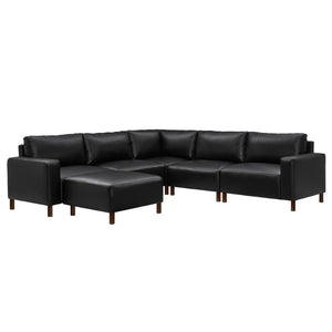 English Elm Modern Modular L-shaped Sectional in Matte Pu Leather with Ottoman Six Piece Black W1097S00264