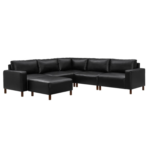 English Elm Modern Modular L-shaped Sectional in Matte Pu Leather with Ottoman Six Piece Black W1097S00264