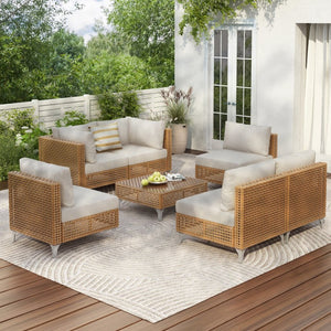 English Elm K&k 7 Piece Outdoor Modular Sectional Wicker Sofa Set with Tempered Glass Coffee Table Beige,Orange N707S000011Z