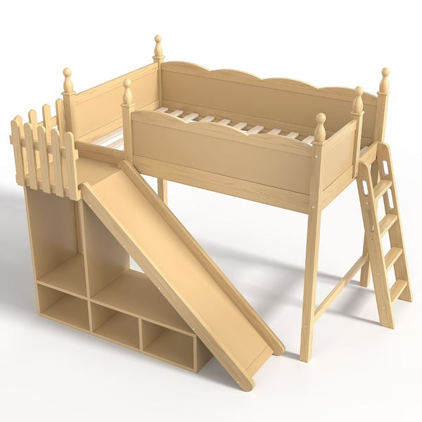 English Elm Twin Loft Bed Solid Pine Frame with Wardrobe Shelving Detachable Slide Kids Room Natural W5305S00017