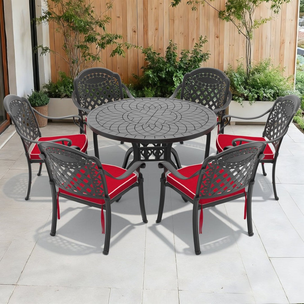 English Elm 7-piece Cast Aluminum Outdoor Dining Set with Carved Relief Chairs and Stackable Design W1710S00634