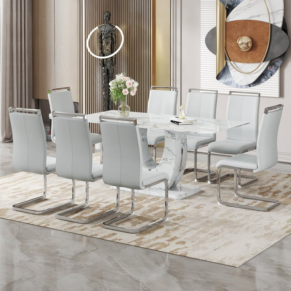 English Elm Table Modern Marble Pattern 9-Piece Dining Set – 71" Tempered Glass Table & 8 Light Gray Chairs W1151S02121-GIGA