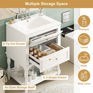 English Elm 24'' Retro Bathroom Vanity Mdf Cabinet with Ceramic Sink Open Shelf and 2 Drawers White N710P405414K