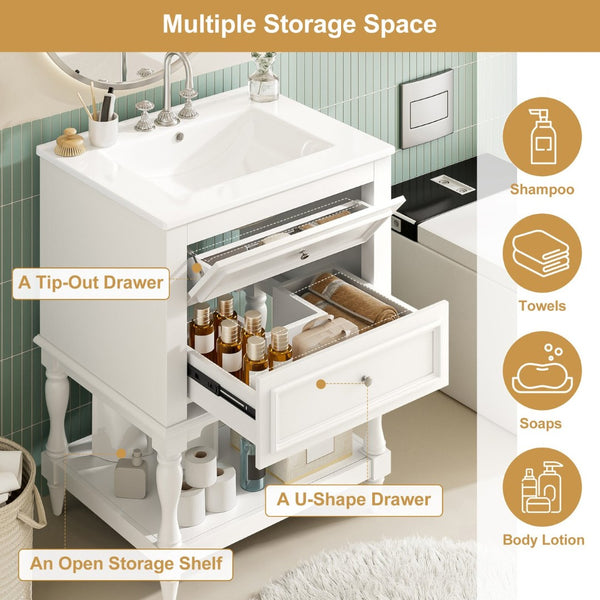 English Elm 24'' Retro Bathroom Vanity Mdf Cabinet with Ceramic Sink Open Shelf and 2 Drawers White N710P405414K