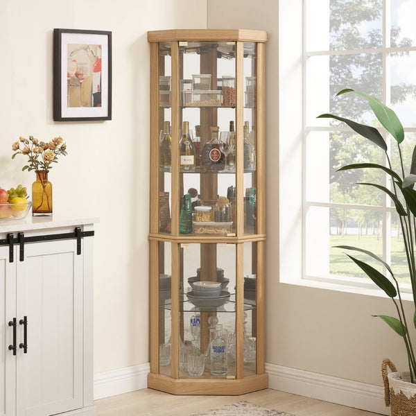 English Elm Corner Curio Cabinet with Built-in Lighting Mirrored Back and Adjustable Glass Shelves W2275P194427