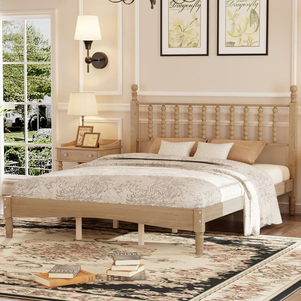 English Elm Queen Wood Platform Bed with Gourd-Shaped Headboard, Retro-Inspired Solid Frame, Slat Support, Sturdy Elegance Natural 64.8 L x 17.5 W x 9.5 H N733P206242M