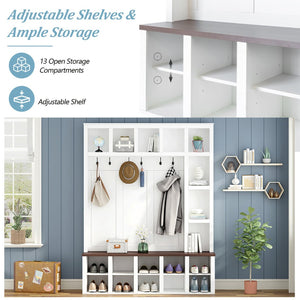 English Elm Farmhouse Hall Tree with Triple Arch Back Panel Eight Hooks Drawers and Entryway Bench N721S000044K-1