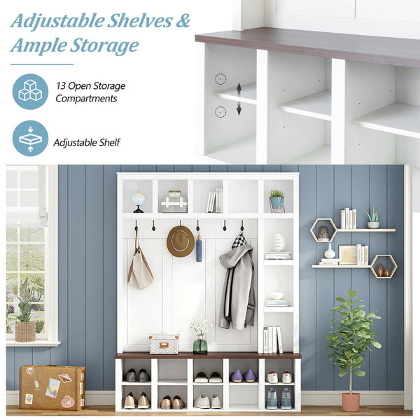 English Elm Farmhouse Hall Tree with Triple Arch Back Panel Eight Hooks Drawers and Entryway Bench N721S000044K-1