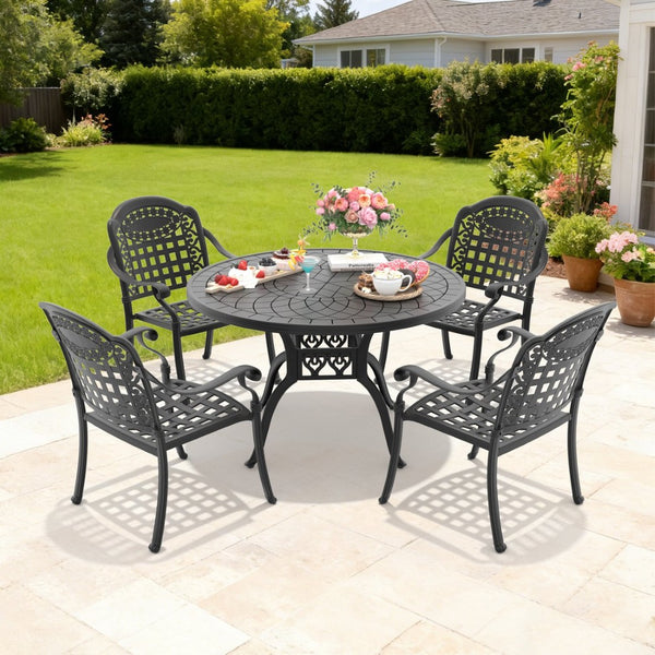 English Elm 5-piece Cast Aluminum Outdoor Dining Set with Carved Relief Frame and Cushioned Seats W1710S00557