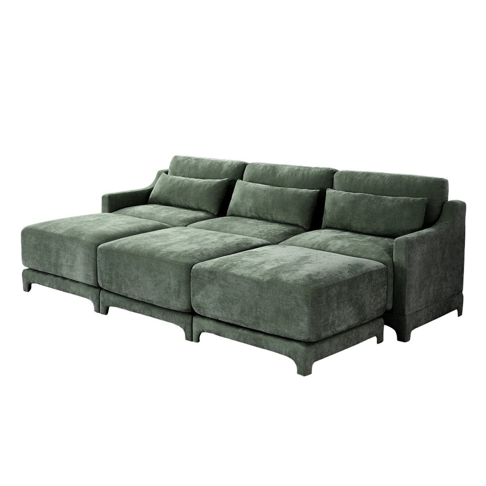 English Elm Three-Seater Sofa Set With 3 Movable Ottomans, Ergonomic Design, Chenille Fabric, Green Comfort W714S01219-GIGA